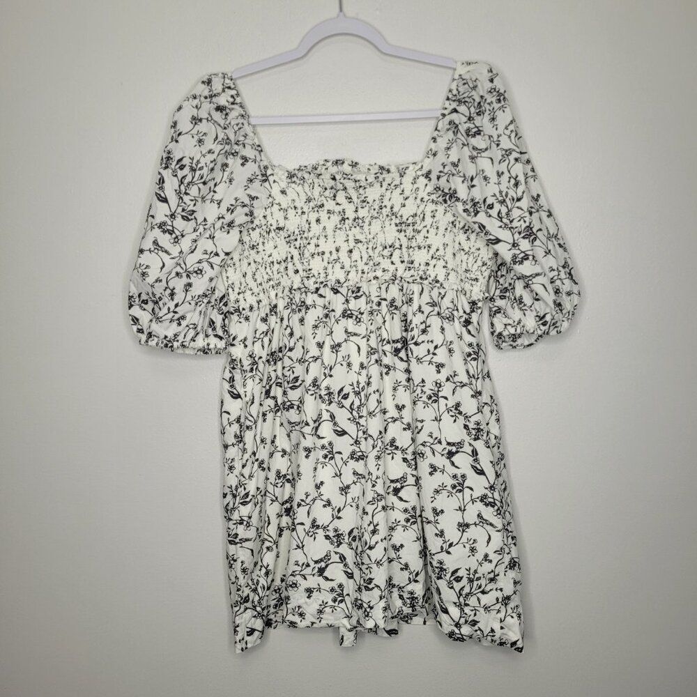 American Eagle black and cream floral puff sleeve mini cottagecore dress large